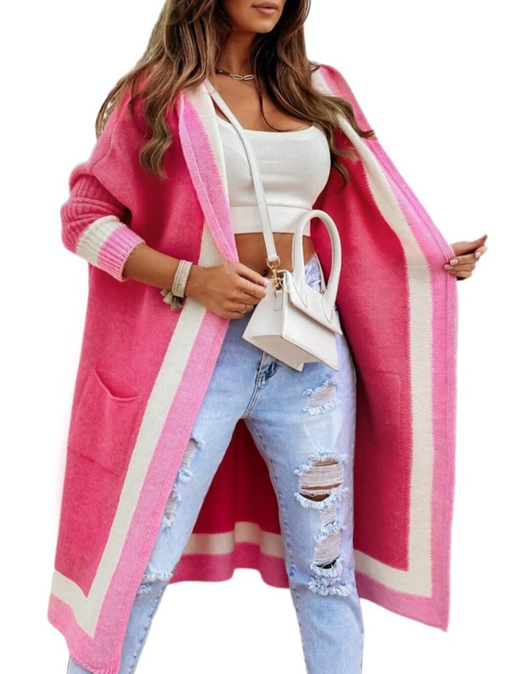 Womens Long Cardigan Sweater Color Block Open Front Hooded Cardigan Oversized